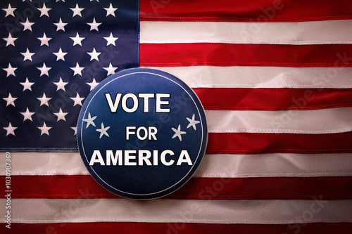 Obraz na płótnie Amerikanische Flagge mit blauem Button und Aufschrift Vote for USA w salonie