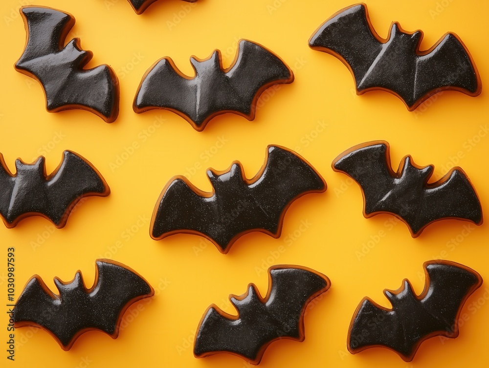 Naklejka premium Black bat-shaped cookies on bright orange background. Holiday sweet for Halloween.