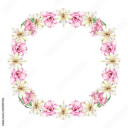 Floral Wreath of white and pink flowers. Watercolor frame of Eustoma and alstroemeria. Composition with Lilies. Floral botanical illustration for graphic design, decorate, product design and postcard