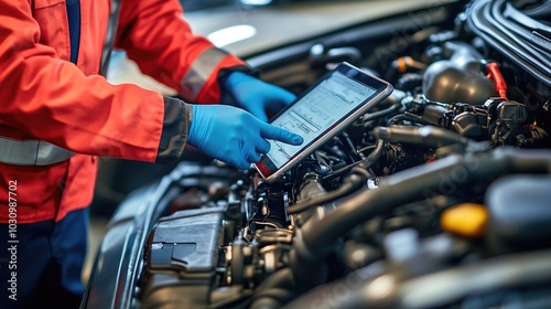 Auto mechanic uses laptop while conducting diagnostics test. Modern car service. Computer diagnostics of the car. High quality photo