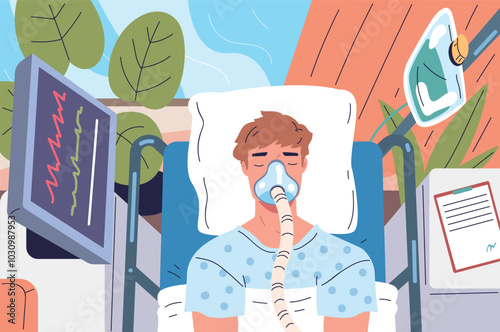 Man in hospital bed. Patient in anesthesia or unconscious coma on operating table, hospitalized pacient with oxygen ventilator mask blood transfuse, classy vector illustration