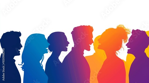 Wallpaper Mural Silhouettes of diverse people engaged in conversation, vibrant gradient colors on a white background. Torontodigital.ca