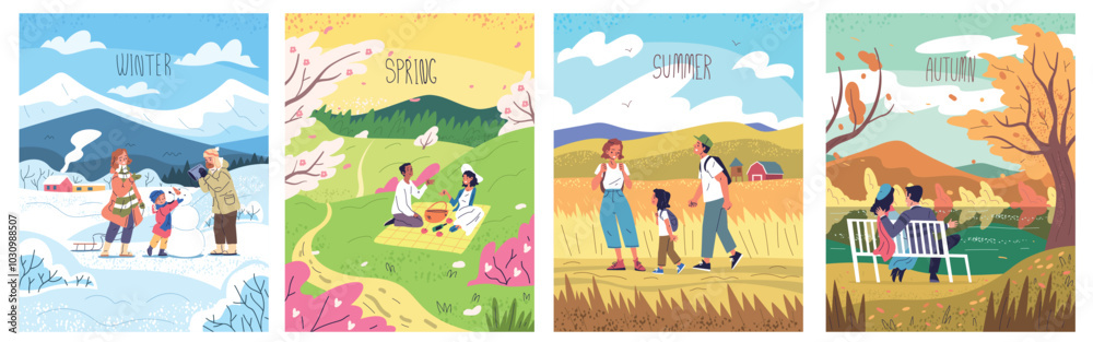 Four seasons walk. Family couple walking city park nature different season, spring autumn winter summer seasonal weather landscape posters vacations time classy vector illustration Four seasons walk. Family couple walking city park nature different season, spring autumn winter summer seasonal weather landscape posters vacations time classy vector illustration