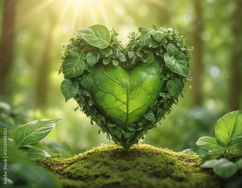 Obraz premium Green leaves shaped heart in nature symbol of ecological environment