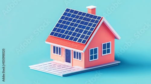 A vibrant pink house with solar panels on the roof, set against a soft blue background, symbolizing sustainable living.