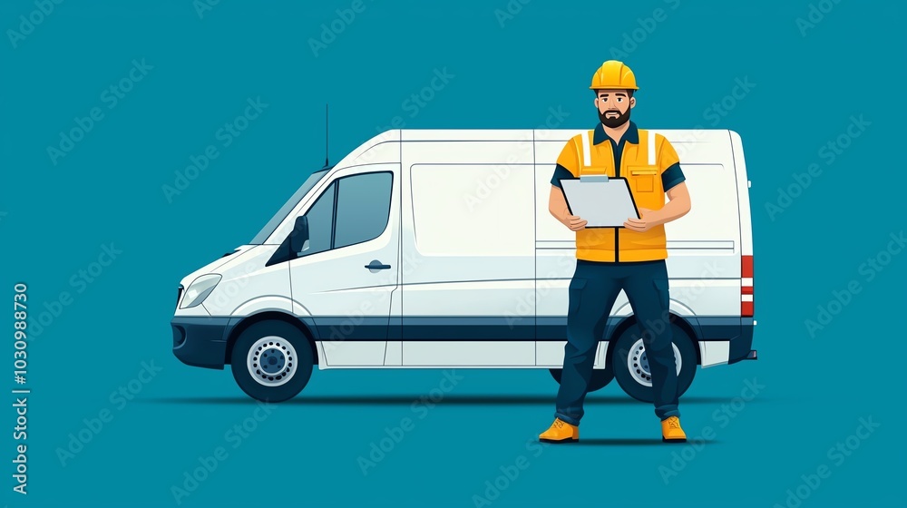 Worker in uniform holding a clipboard next to a delivery van on a solid background. Worker in uniform holding a clipboard next to a delivery van on a solid background.