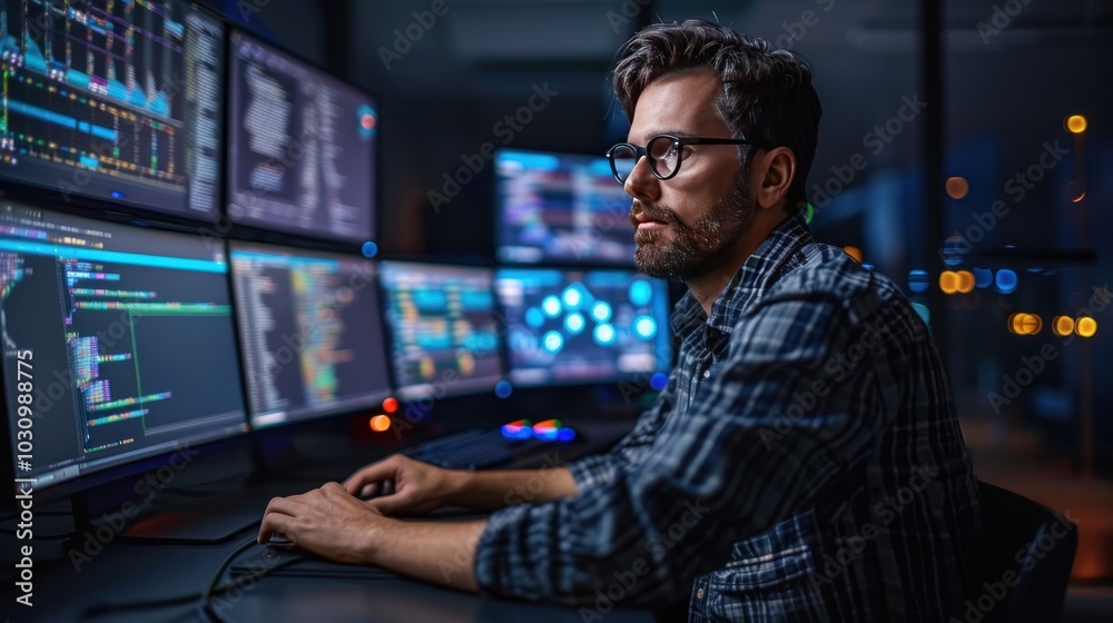 A programmer coding on a computer with multiple monitors in a dimly lit, focused, and intense atmosphere. A programmer coding on a computer with multiple monitors in a dimly lit, focused, and intense atmosphere.
