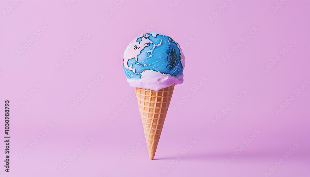 An ice cream cone with a melting Earth, set against a pastel purple background, a dystopian concept of climate change and environmental destruction An ice cream cone with a melting Earth, set against a pastel purple background, a dystopian concept of climate change and environmental destruction