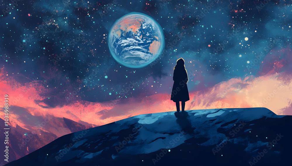 An illustration of a solitary woman gazing at a distant Earth, evoking feelings of wonder and exploration An illustration of a solitary woman gazing at a distant Earth, evoking feelings of wonder and exploration