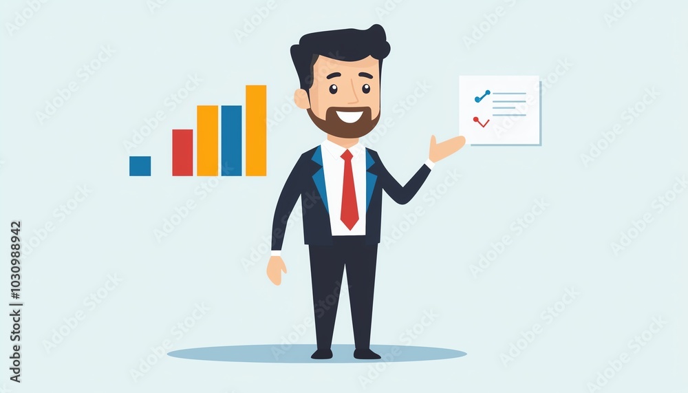 Smiling businessman presenting a report with growth charts on a light background. Smiling businessman presenting a report with growth charts on a light background.