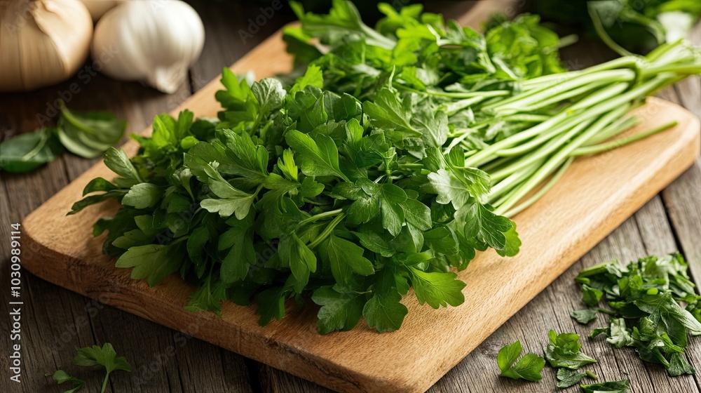 Parsley or cilantro grows in the bed. Garden greens have a fresh and appetizing appearance. Spicy herbs in the vegetable garden. Illustration for banner, poster, cover, brochure or presentation.