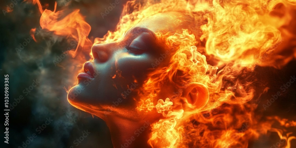 The intense interplay of light and shadow highlights the woman's fierce expression amidst the fiery chaos. The intense interplay of light and shadow highlights the woman's fierce expression amidst the fiery chaos.