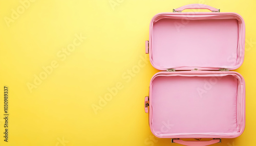 An open pink travel suitcase on a yellow background with ample copy space, evoking fashion, travel, and vacation plans  