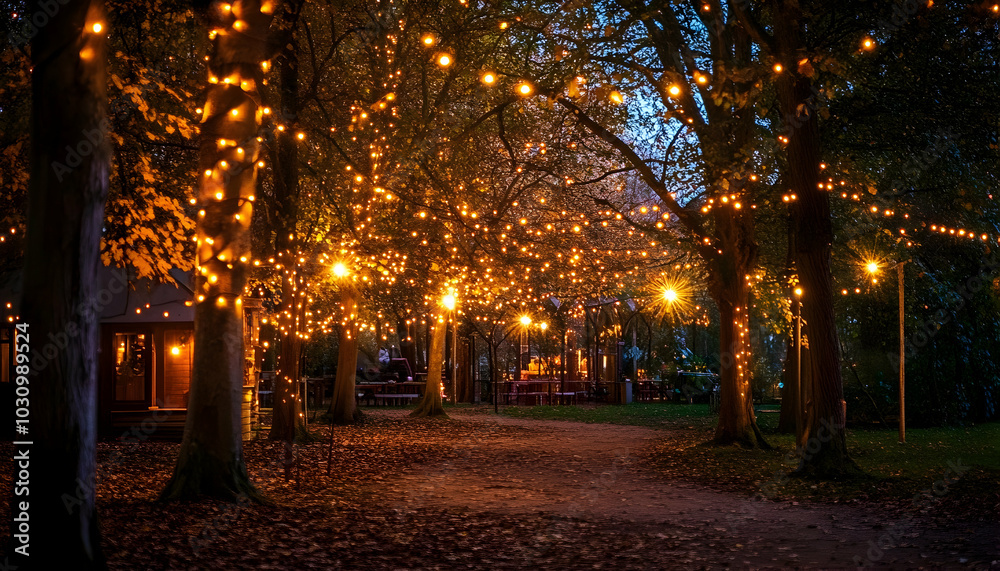 Autumn trees twinkling with fairy lights, creating a magical evening atmosphere Autumn trees twinkling with fairy lights, creating a magical evening atmosphere
