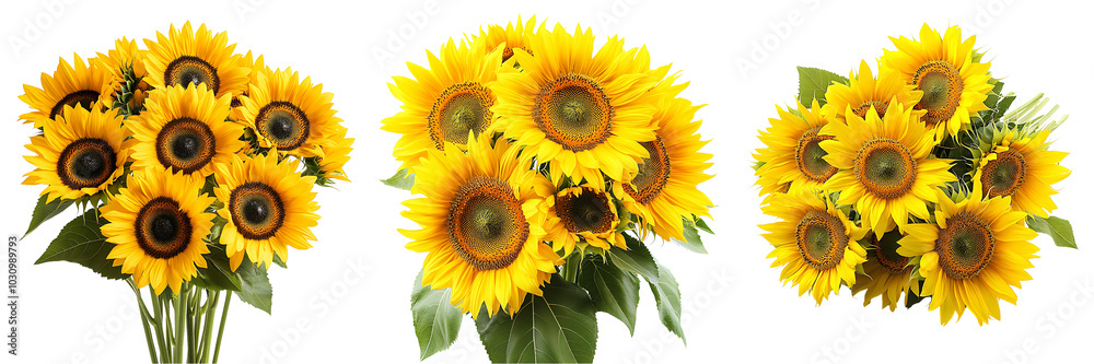 Set of A bouquet of bright sunflowers with yellow petals and green stems isolated on transparent background (3) Set of A bouquet of bright sunflowers with yellow petals and green stems isolated on transparent background (3)