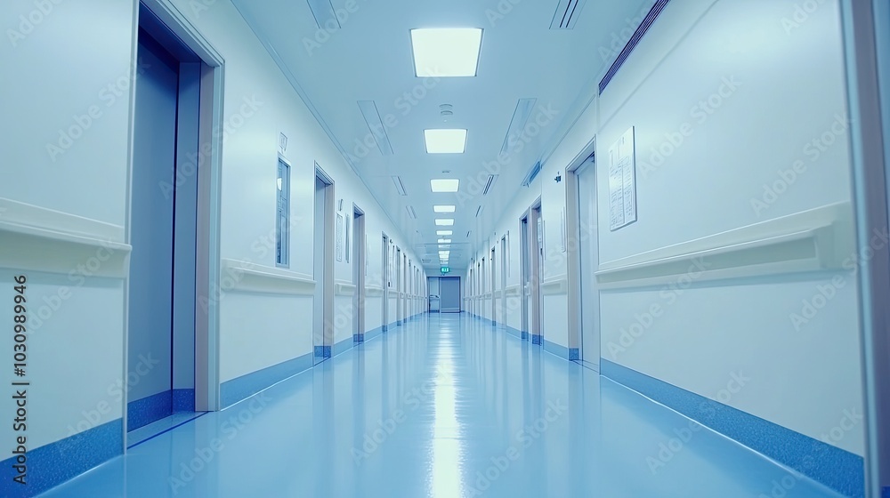 A long narrow empty corridor with closed doors along the walls. Apartments, wards or offices in a stylish modern building. Illustration for a cover, postcard, brochure or advertisement. A long narrow empty corridor with closed doors along the walls. Apartments, wards or offices in a stylish modern building. Illustration for a cover, postcard, brochure or advertisement.
