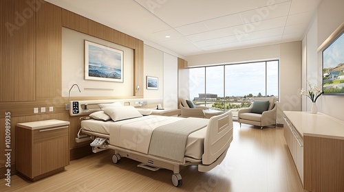 Modern luxury cosy hospital room with an empty bed for the patient and modern medical equipment. Private medical facility with professional services. Illustration for advertising, marketing, etc.