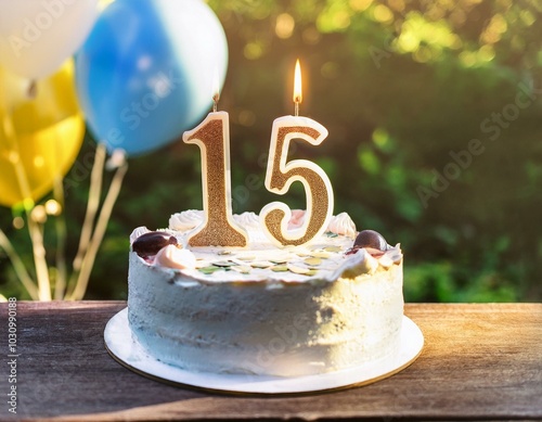 number 15 candle on a twenty eit year birthday or anniversary cake celebration with balloons photo