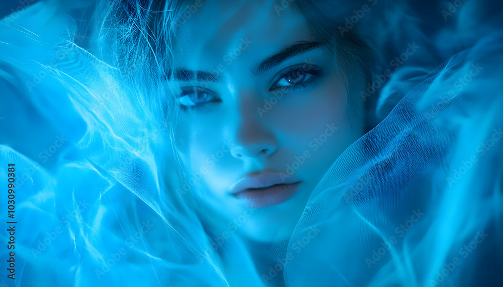 Blue dim lighting enveloping a woman, creating an atmospheric mood Blue dim lighting enveloping a woman, creating an atmospheric mood