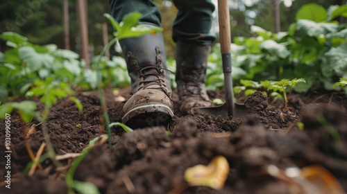 A close-up of a person?s boots and shovel digging into the soil, preparing for planting. The focus is on the action and the soil, indicating the start of a gardening project. photo