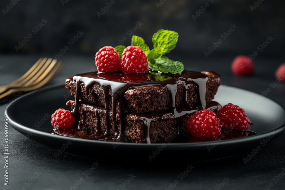 A decadent chocolate dessert topped with fresh, juicy raspberries and a sprig of mint, creating an enticing and visually appealing treat. A decadent chocolate dessert topped with fresh, juicy raspberries and a sprig of mint, creating an enticing and visually appealing treat.