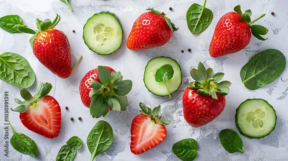 A flat lay of fresh fruits and vegetables, including strawberries, cucumbers, and spinach, on a white table. Perfect for a healthy diet A flat lay of fresh fruits and vegetables, including strawberries, cucumbers, and spinach, on a white table. Perfect for a healthy diet