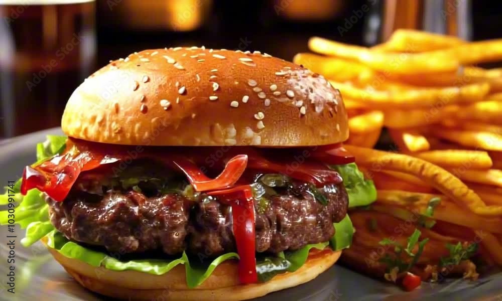 Delicious cheeseburger with lettuce and ketchup served with crispy fries on a plate Delicious cheeseburger with lettuce and ketchup served with crispy fries on a plate