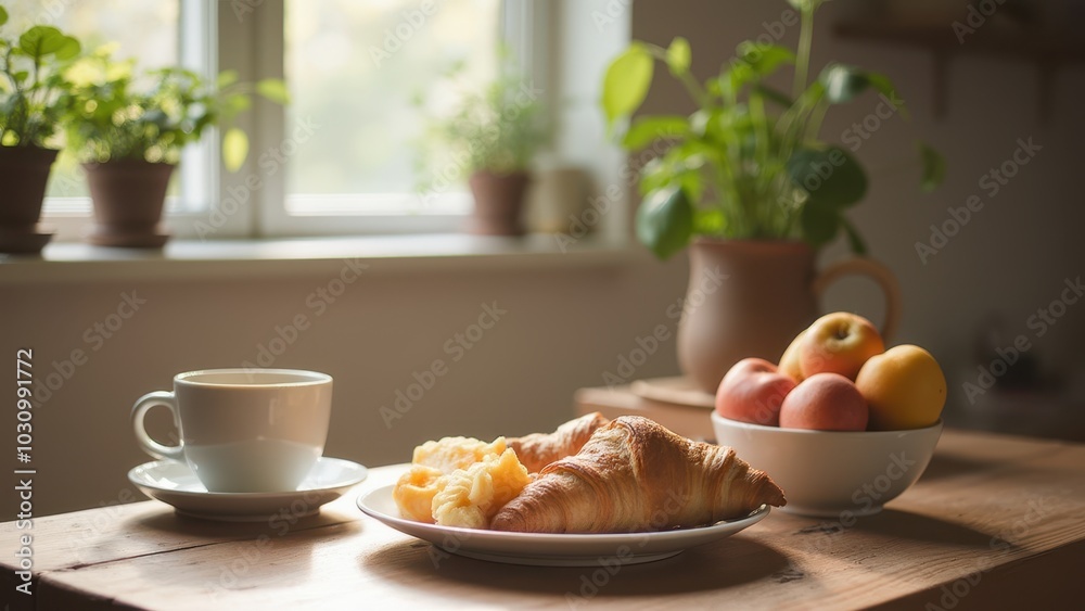 Cozy Breakfast Scene with Fresh Pastries and Fruit Cozy Breakfast Scene with Fresh Pastries and Fruit