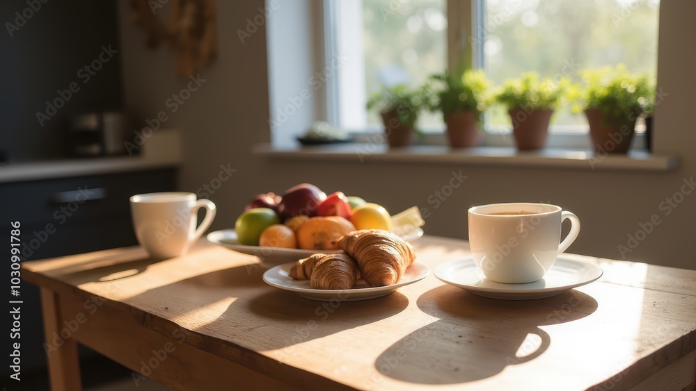 Bright Morning Breakfast Scene with Fresh Fruits Bright Morning Breakfast Scene with Fresh Fruits