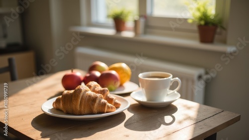 Cozy Breakfast Scene with Croissant and Fruit