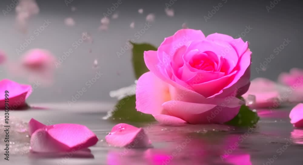Pink rose floating in water on top of a surface with drops Pink rose floating in water on top of a surface with drops