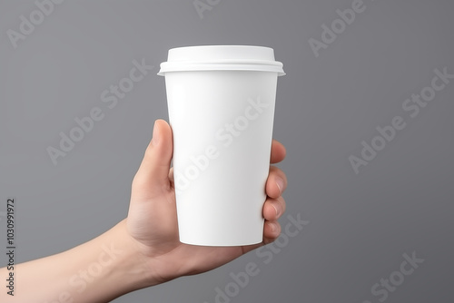 Hand holding a disposable coffee cup with minimalist background, coffee-to-go concept photo