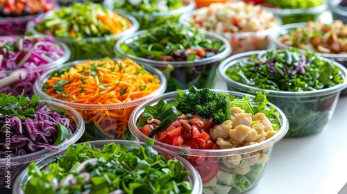 A rainbow of chopped vegetables, including bell peppers, carrots, and zucchini, neatly arranged on a white table. Fresh and healthy