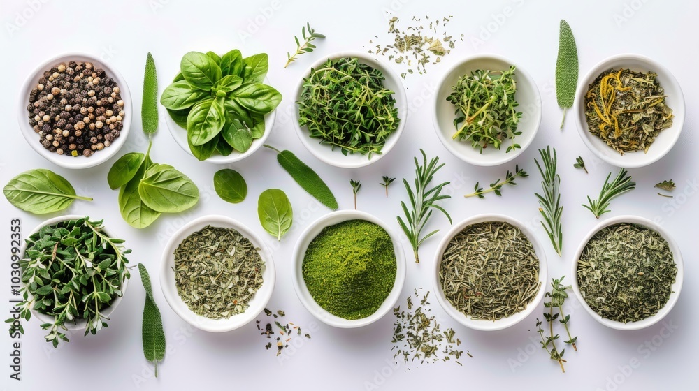 A variety of fresh and dried herbs, including rosemary, thyme, and oregano, laid out on a white table. Aromatic and healthy A variety of fresh and dried herbs, including rosemary, thyme, and oregano, laid out on a white table. Aromatic and healthy