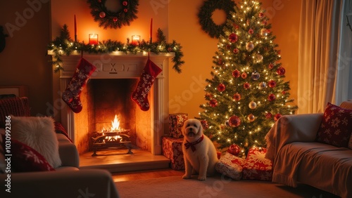 Wallpaper Mural Cozy Living Room with Christmas Tree and Pet Dog Torontodigital.ca