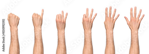 Konstfotografi Man's hand counting from zero to five, starting with the pinky finger, with the back of the hand facing us
