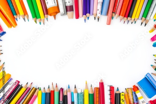 Colorful Assorted Pencils and Pens Arranged in a Circle on White Background Creative Layout