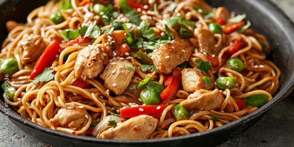 Detailed shot emphasizing the art of food styling in a chow mein presentation. Detailed shot emphasizing the art of food styling in a chow mein presentation.