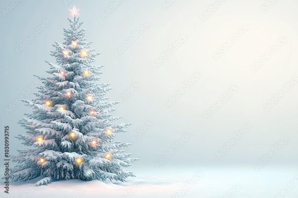Snowy Christmas tree with illuminating lights, festive mood Snowy Christmas tree with illuminating lights, festive mood