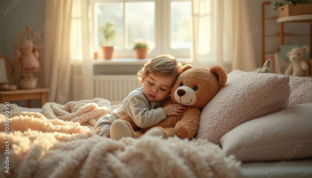 Sleepy Child Cuddling Teddy Bear in a Softly Lit Cozy Bedroom Sleepy Child Cuddling Teddy Bear in a Softly Lit Cozy Bedroom