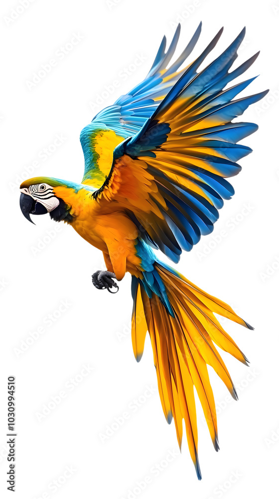 Fototapeta premium Blue-and-yellow Macaw Bird, Flying, on Transparent Background PNG, Wallpaper, Cover and Smartphone Screen, PC, Laptop, Graphic, Transparent PNG