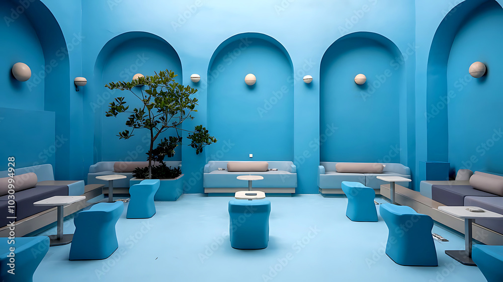 An Empty Lounge with Blue-Tinted Walls Evoking Calmness and Serenity in a Minimalistic Setting An Empty Lounge with Blue-Tinted Walls Evoking Calmness and Serenity in a Minimalistic Setting