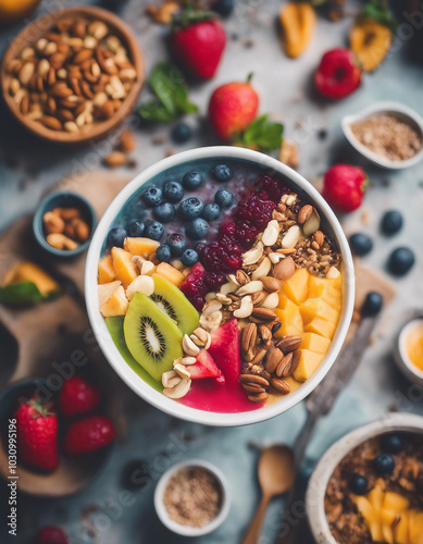 A vibrant smoothie bowl cafe with bowls filled with colorful fruits, nuts, and seeds.






 photo