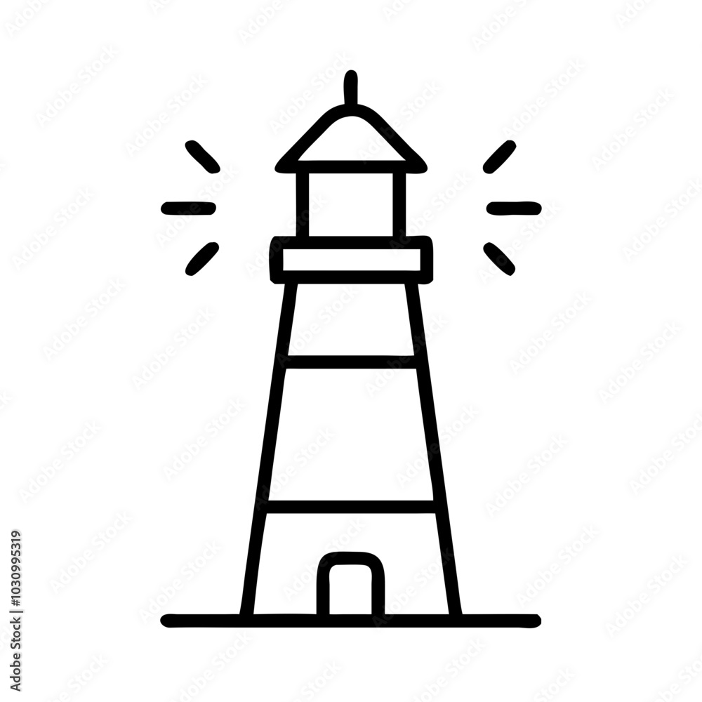 Lighthouse icon with beams of light in black and white outline Lighthouse icon with beams of light in black and white outline