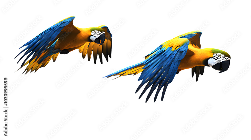 Fototapeta premium Blue-and-yellow Macaw Bird, Flying, on Transparent Background PNG, Wallpaper, Cover and Smartphone Screen, PC, Laptop, Graphic, Transparent PNG