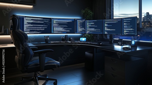 Modern office setup with multiple monitors, blue lighting, and city view. Ideal for coding in a professional urban environment. photo