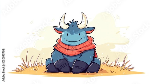   A cartoon of a horned animal with a scarf around its neck, sitting in a field of grass photo