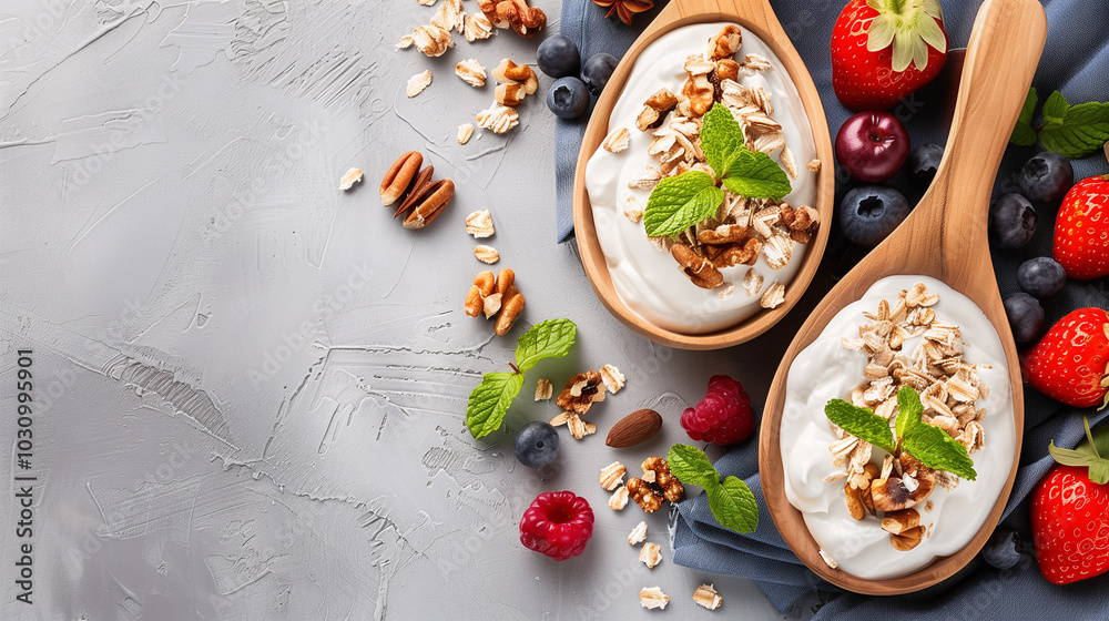 Postre de yogur con frutas frescas y nueces en tazones de madera Postre de yogur con frutas frescas y nueces en tazones de madera