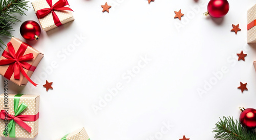 blank space for text against a merry christmas banner, surrounded by colorful gift boxes, fir tree branches, and red ornaments, all set on a crisp white background12 photo