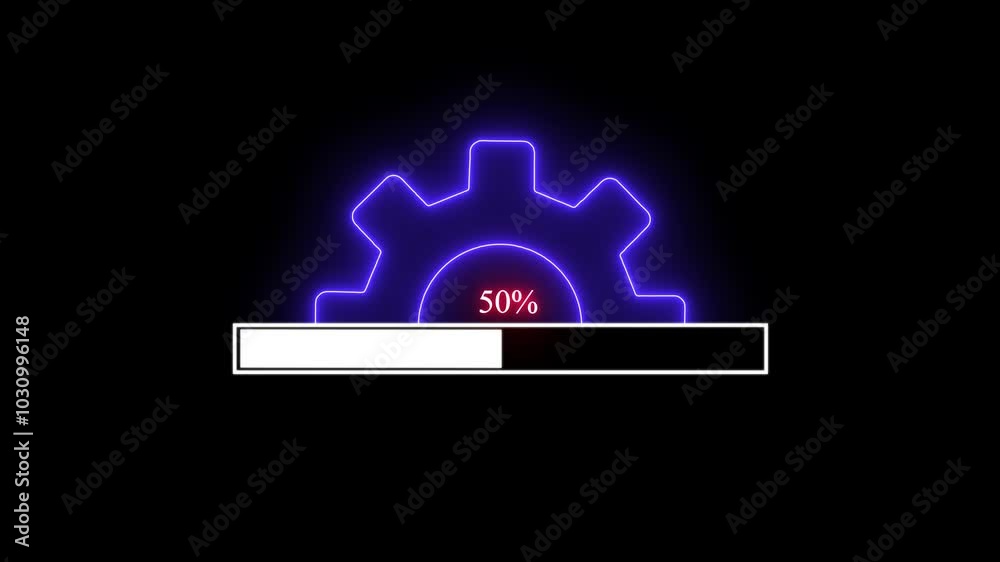 Update your functions, Neon setting updating icon animation with loading bar. Operating system upgrading concept, software updating and processing icon animation.